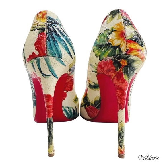 CHRISTIAN LOUBOUTIN Hawaii Crackled Calf Pigalle Pointy Toe Floral Heels SZ 38 - Picture 12 of 17